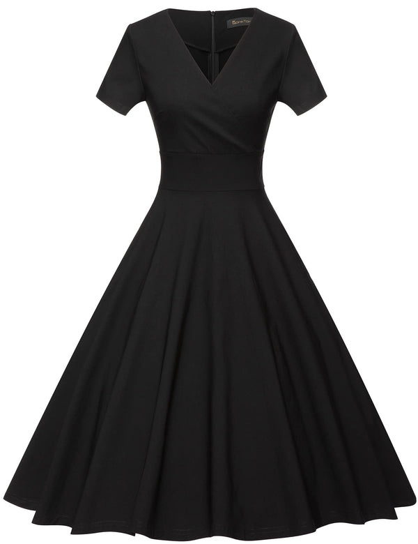 50s  Black Vneck  Retro Party Swing Dress With Pockets - Gowntownvintage