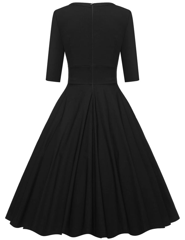 50s Women`s Black Round Neckline Keyhole Vintage Party Dress With Pockets - Gowntownvintage