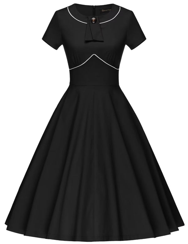 Women`s 50s Black Inserted V waistline Vintage Party Dress With Pockets - Gowntownvintage