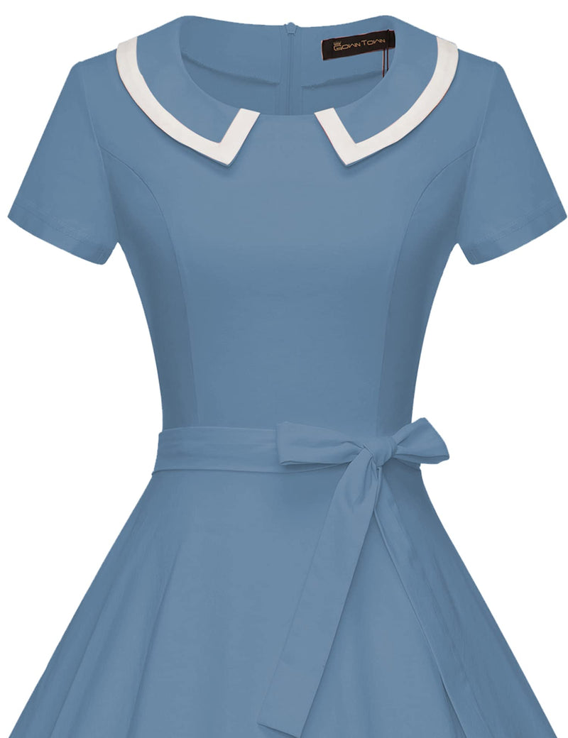 50s  Women`s Retro Dress blue Peter Pan Collar Swing Dress With Pockets - Gowntownvintage