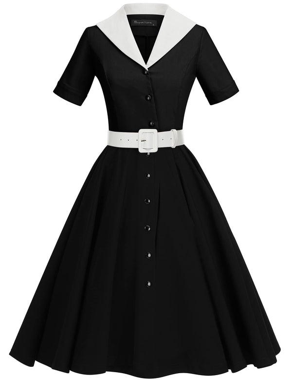 50s Lapel Collar Vneckline  Black Shirtwaist Vintage Dress With Belts&Pockets - Gowntownvintage