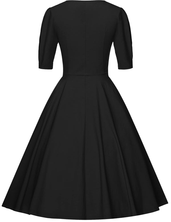 1950s Round Neckline Black Shirtwaist Swing Vintage Dress With Pockets - Gowntownvintage
