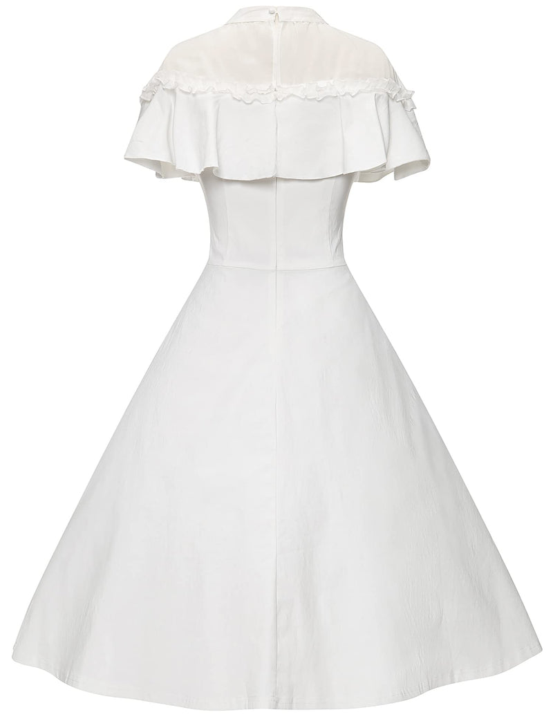 50s Lace Top Bust Ruffle  Ivory  Swing Dress With Pockets - Gowntownvintage