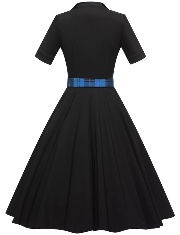 50s Lapel Collar Vneckline  Blueplaid  Collar Shirtwaist Vintage Dress With Belts&Pockets - Gowntownvintage
