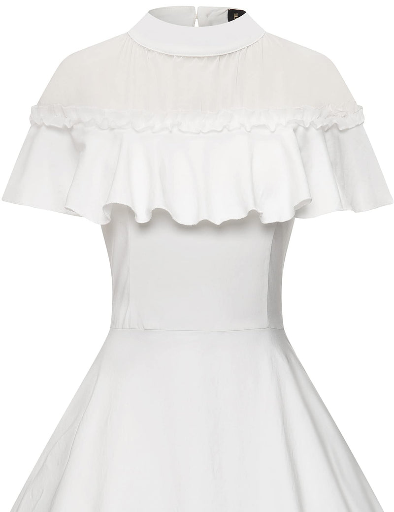 50s Lace Top Bust Ruffle  Ivory  Swing Dress With Pockets - Gowntownvintage