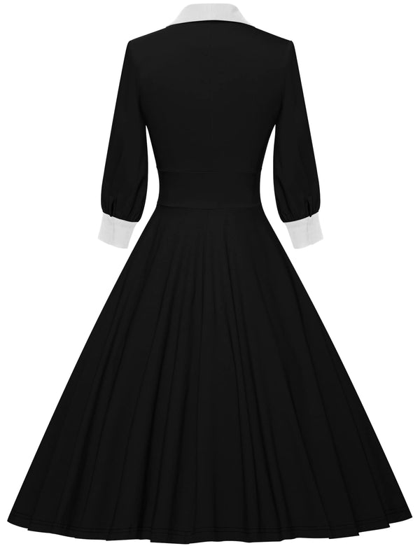 40s Vintage Women`s Black  Shawl Collar Vneckline Shirtwaist Swing Dress With Pockets - Gowntownvintage