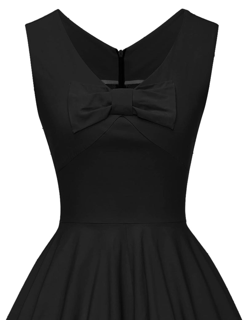1950s Black V Neckline Dotted With Bowknot  Swing  Party Dress With Pockets - Gowntownvintage