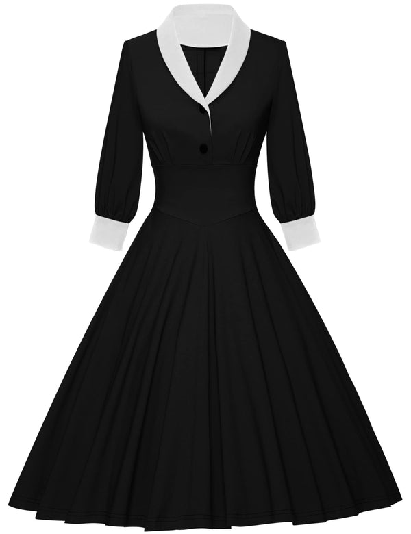 40s shawl collar long sleeve swing dress with pockets