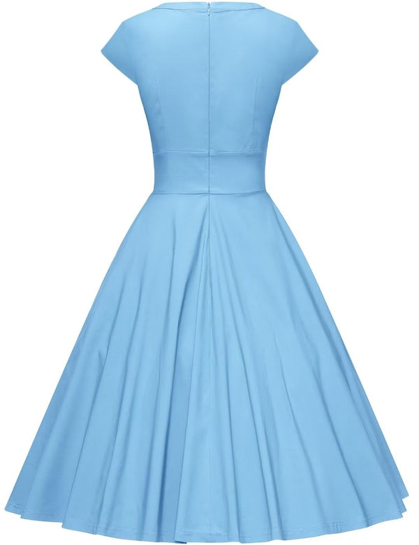 1950s Women`s Lightblue Round Neckline Keyhole Vintage Party Dress - Gowntownvintage