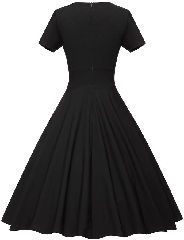 50s  Black Vneck  Retro Party Swing Dress With Pockets - Gowntownvintage