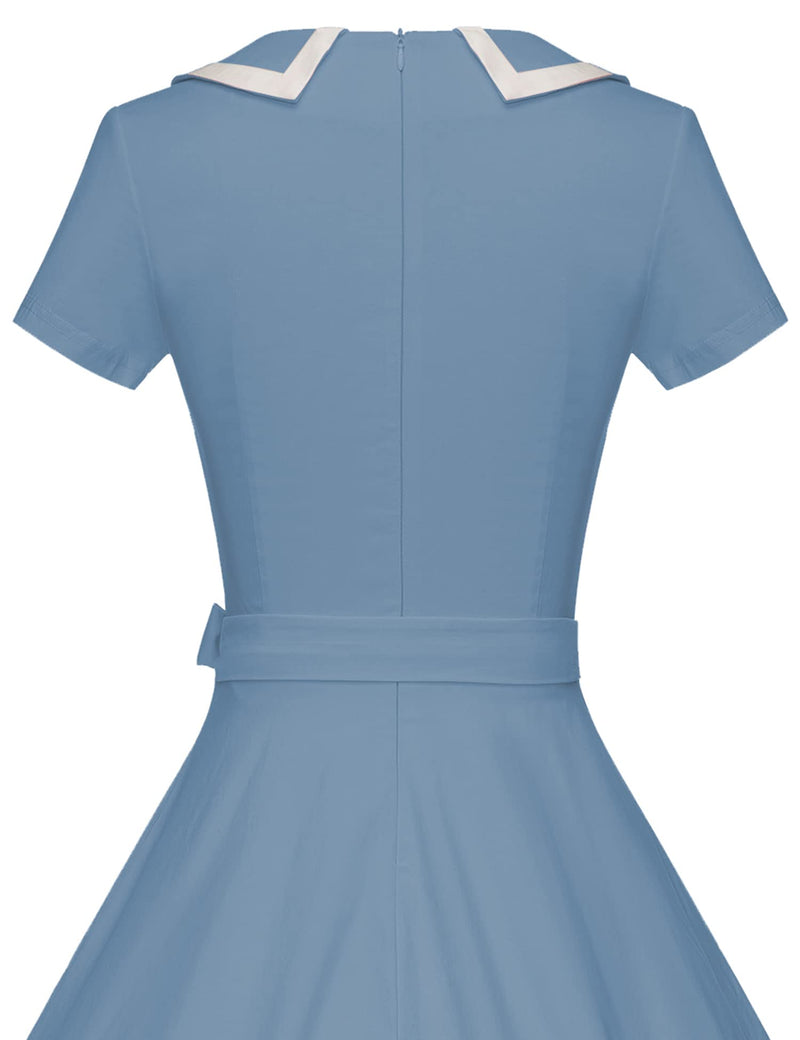 50s  Women`s Retro Dress blue Peter Pan Collar Swing Dress With Pockets - Gowntownvintage