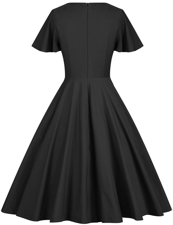50s Scoop Collar Black Rockabilly Swing Dress With Pockets - Gowntownvintage