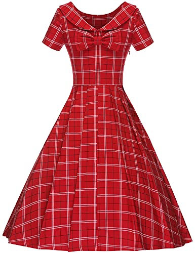 1950s Women`s Redplaid  Roll Collar Party Dress With Pockets - Gowntownvintage