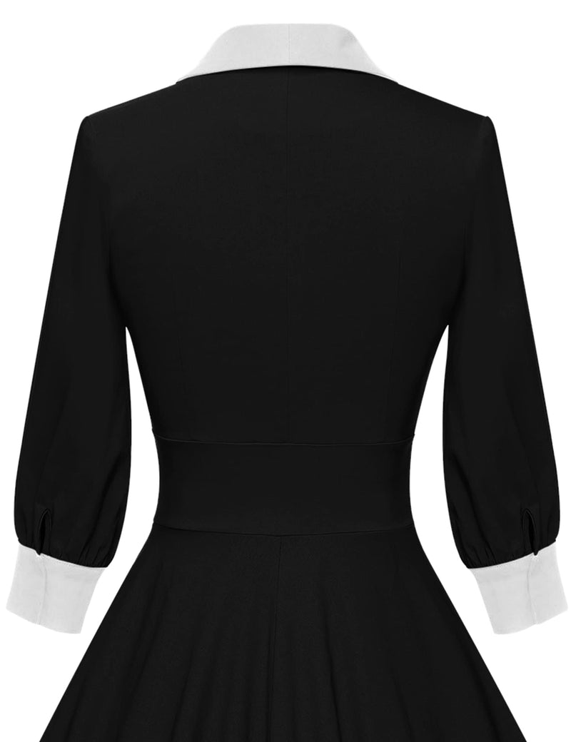 40s Vintage Women`s Black  Shawl Collar Vneckline Shirtwaist Swing Dress With Pockets - Gowntownvintage