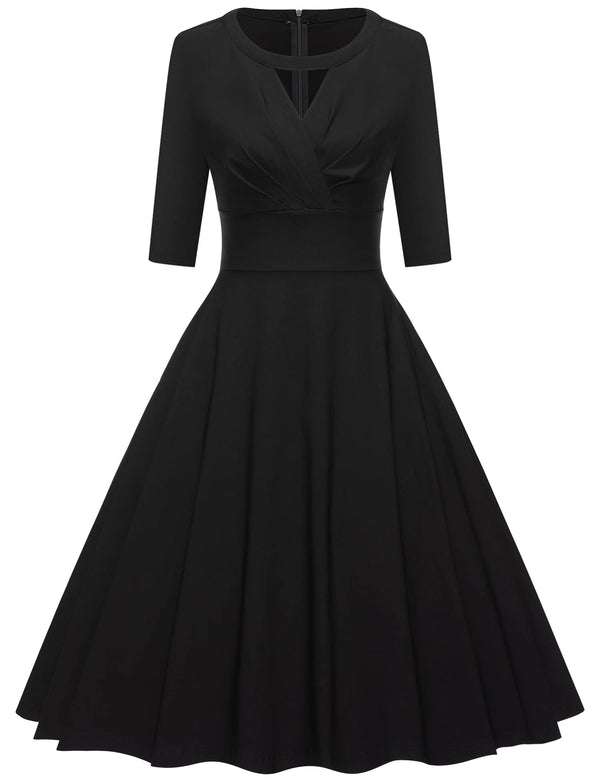 Keyhole neckline black swing dress with pockets