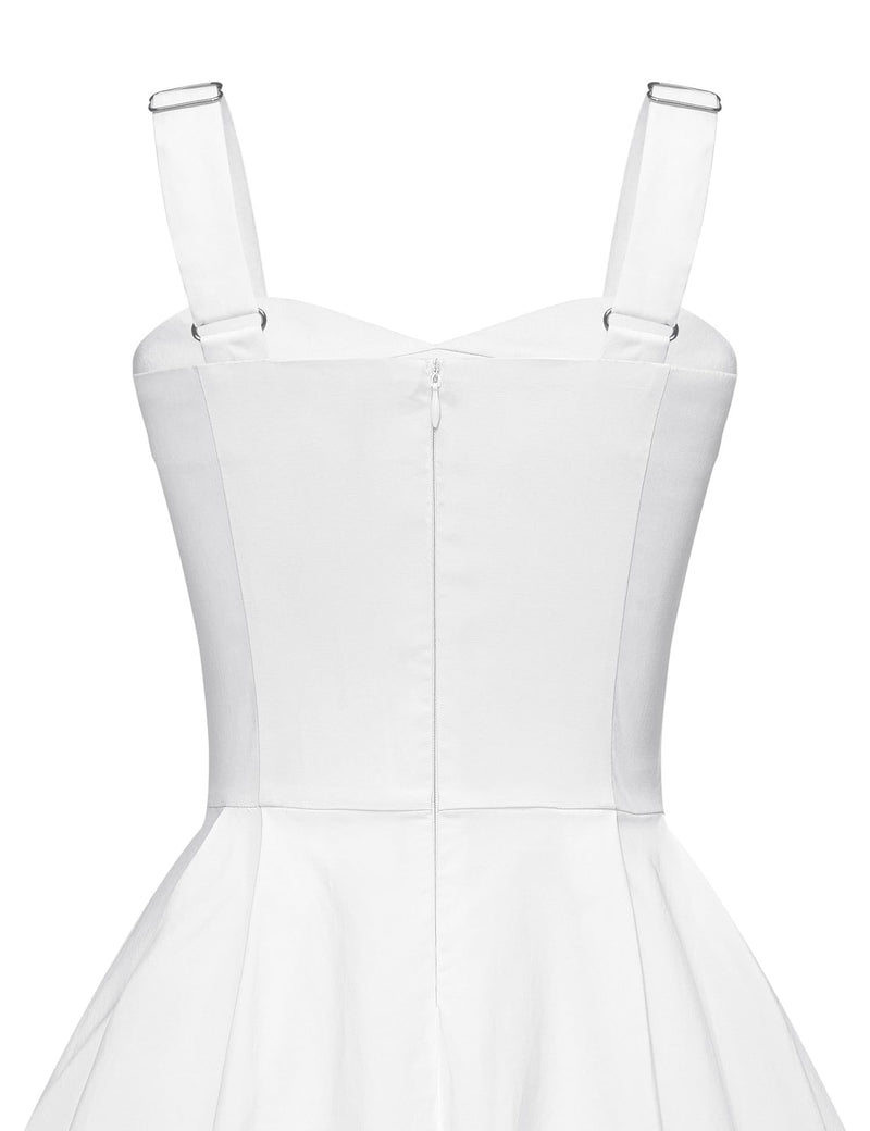 50s Ivory Sweet Heart Neckline Strap Swing Dress With Pockets - Gowntownvintage