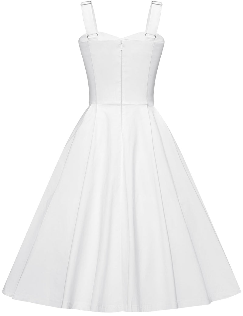 50s Ivory Sweet Heart Neckline Strap Swing Dress With Pockets - Gowntownvintage