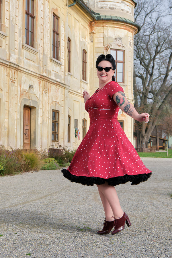 Women`s 50s Darkred Dot Inserted V waistline Vintage Party Dress With Pockets - Gowntownvintage
