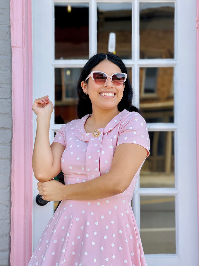 50s  Vintage Pinkdot Dress  In  Roller Collar With Fixed Bowkot Tie - Gowntownvintage