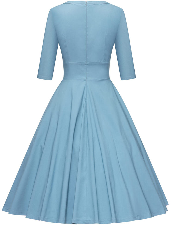 1950s Women`s Long Sleeve  Round Neckline Keyhole Blue Vintage Party Dress - Gowntownvintage