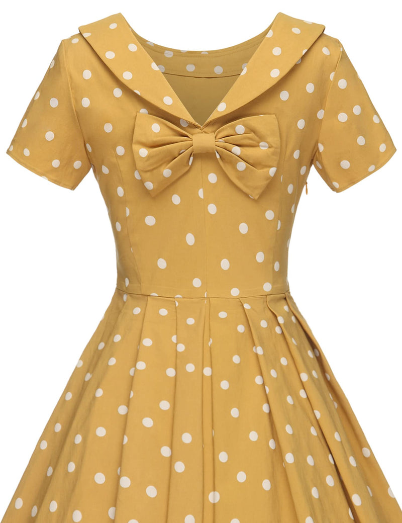 1950s Women`s Yellow Dot  Roll Collar Party Dress - Gowntownvintage