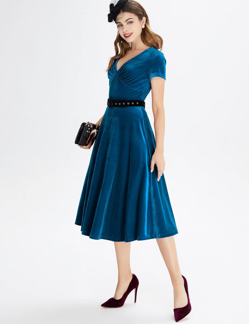 Women`s 50s Vintage  Velvet Blue Swing Dress With Pockets - Gowntownvintage