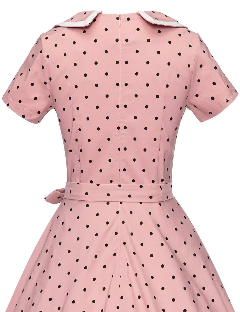 50s  Women`s Retro Dress Pinkdot Dot Peter Pan Collar Swing Dress With Pockets - Gowntownvintage