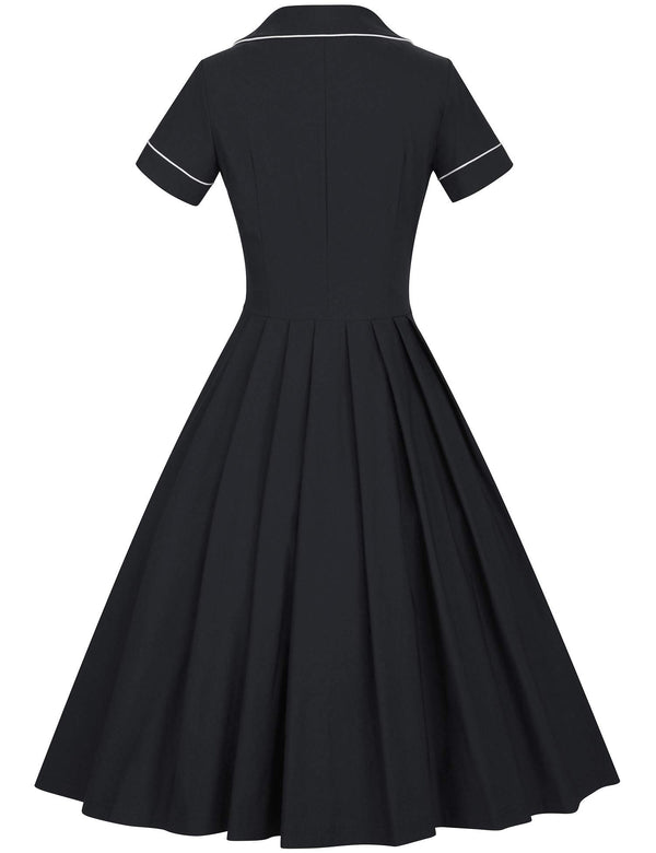40s 50s Vintage Women`s   Black Lapel Collar  Vneckline Shirt Dress With Pockets - Gowntownvintage
