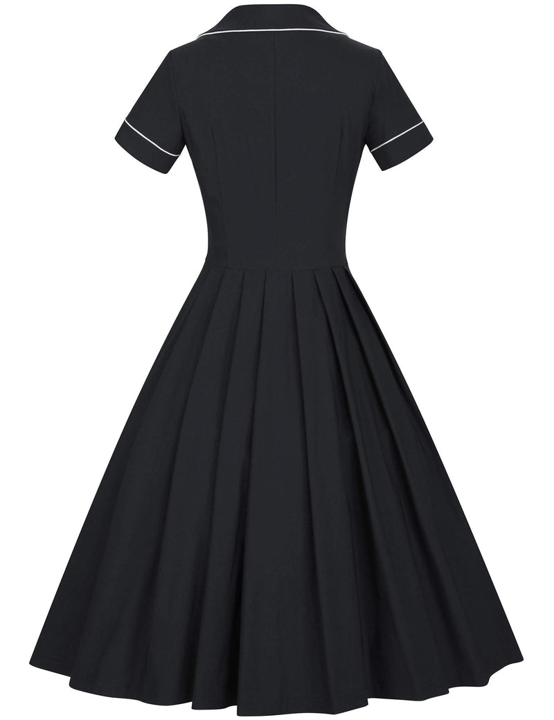 40s 50s Vintage Women`s   Black Lapel Collar  Vneckline Shirt Dress With Pockets - Gowntownvintage