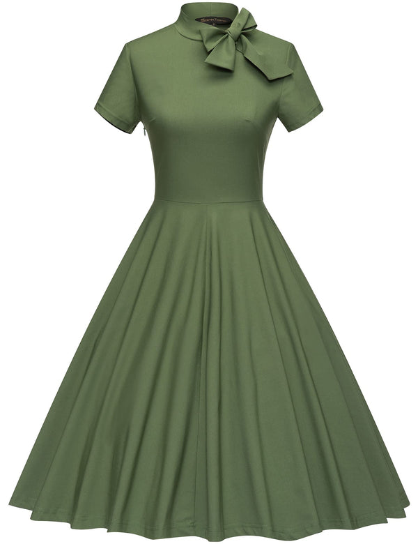 50s Stand Collar With Fixed Bowknot Tie Rockablly Swing Dress With Pockets