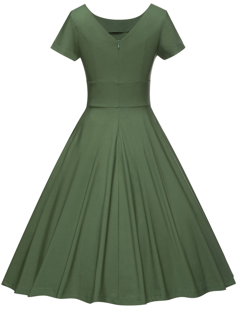 50s Women`s Scoop Collar Armygreen Audrey Hepburn Style Swing Dress With Pockets - Gowntownvintage