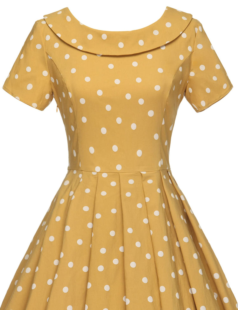 1950s Women`s Yellow Dot  Roll Collar Party Dress - Gowntownvintage