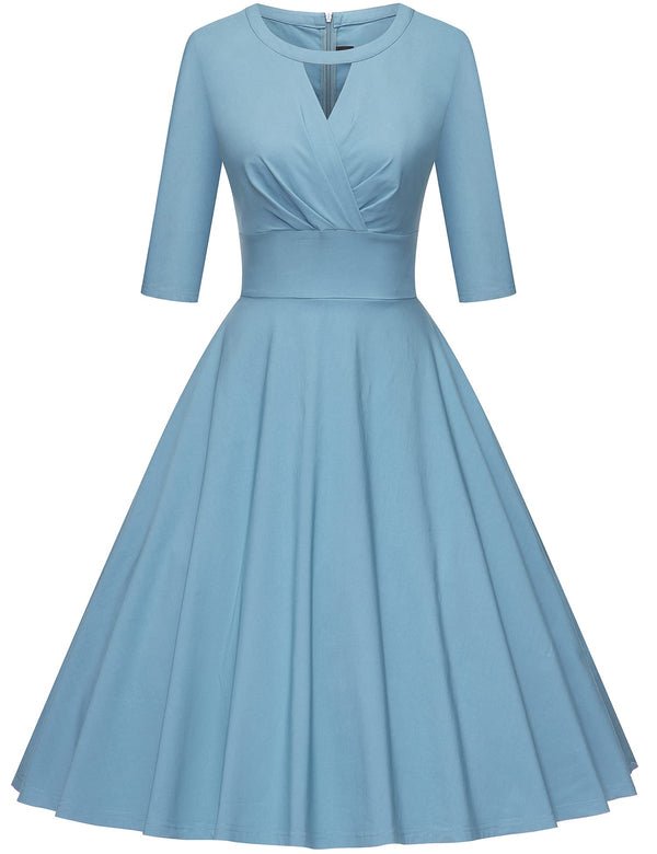 Keyhole Round Neckline Long Sleeved  Blue Swing Dress With Pockets