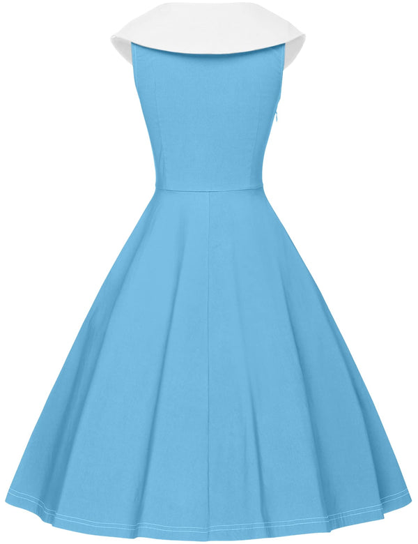 Women`s 50s Bowknot Cape Collar  Skyblue Casual Swing Party Dress With Pockets - Gowntownvintage