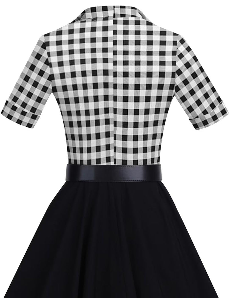 50s Lapel Collar Vneckline  Blackplaid Shirtwaist Vintage Dress With Belts&Pockets - Gowntownvintage