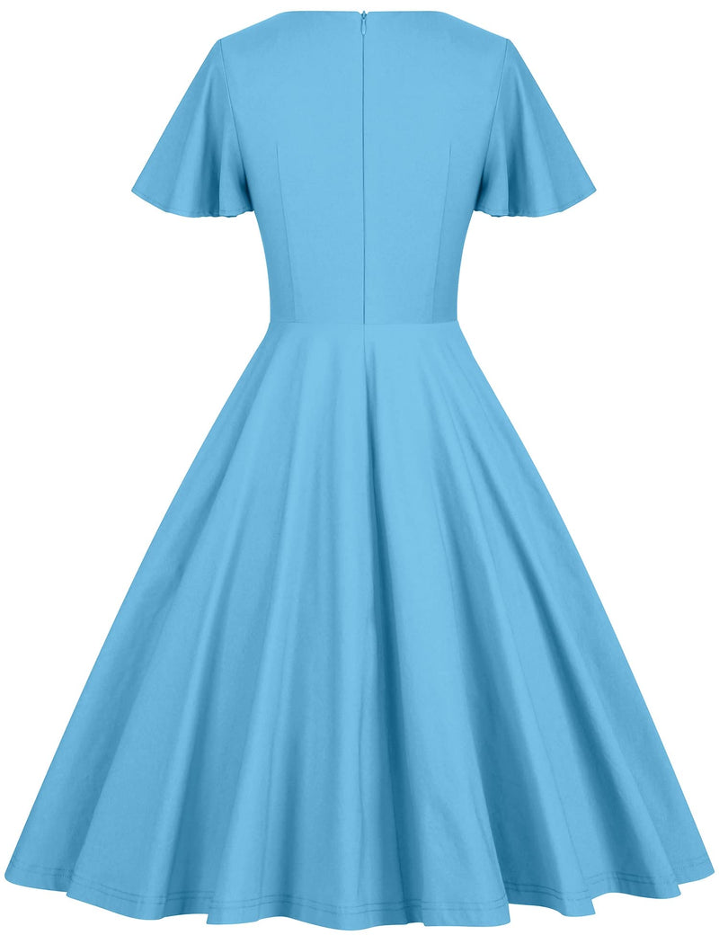 50s Scoop Collar Light Blue Rockabilly Swing Dress With Pockets - Gowntownvintage