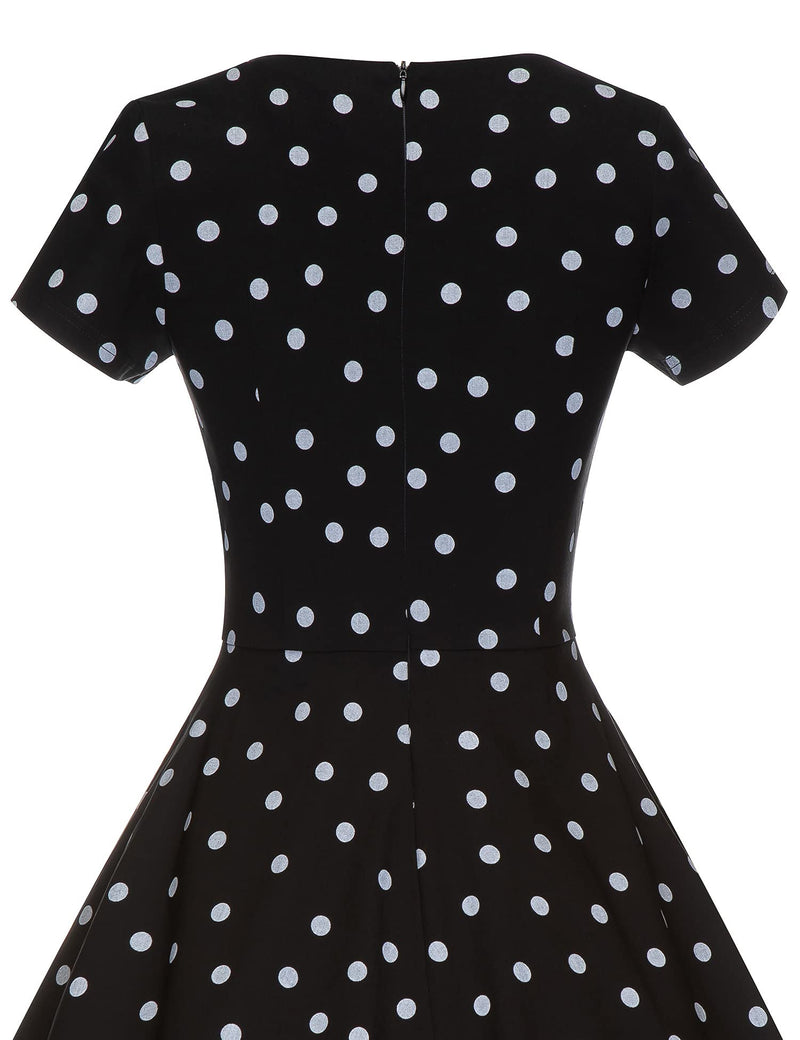 Women`s 50s Black Polka Dots  Inserted V waistline Vintage Party Dress With Pockets - Gowntownvintage