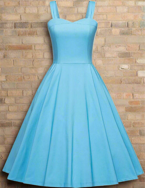 1950s Blue Sweet Heart Neckline Strap Swing Dress With Pockets - Gowntownvintage