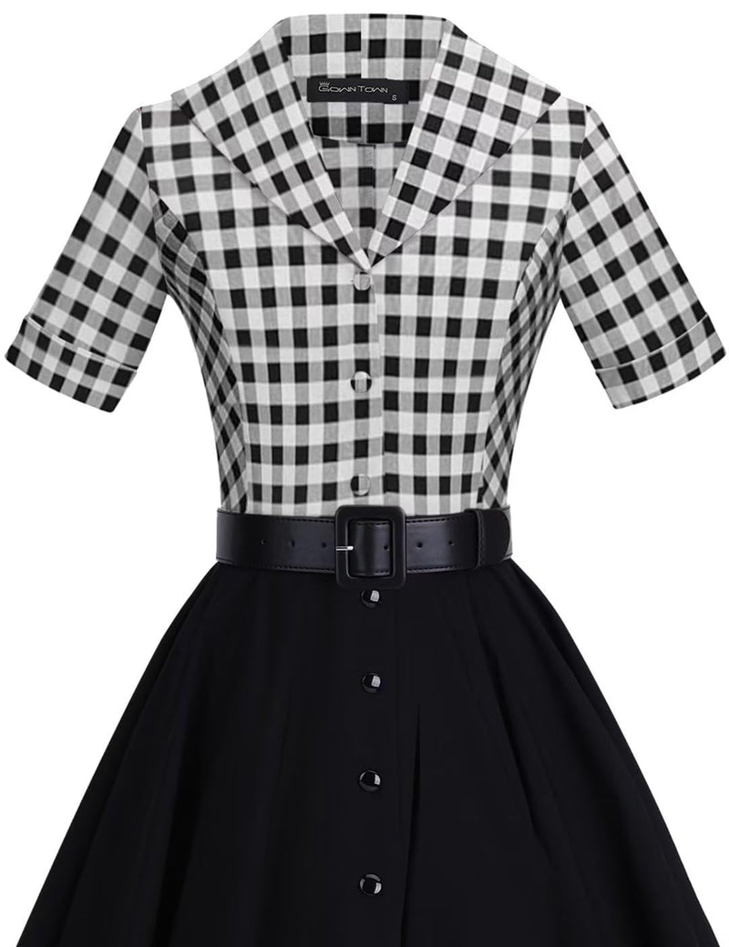 50s Lapel Collar Vneckline  Blackplaid Shirtwaist Vintage Dress With Belts&Pockets - Gowntownvintage