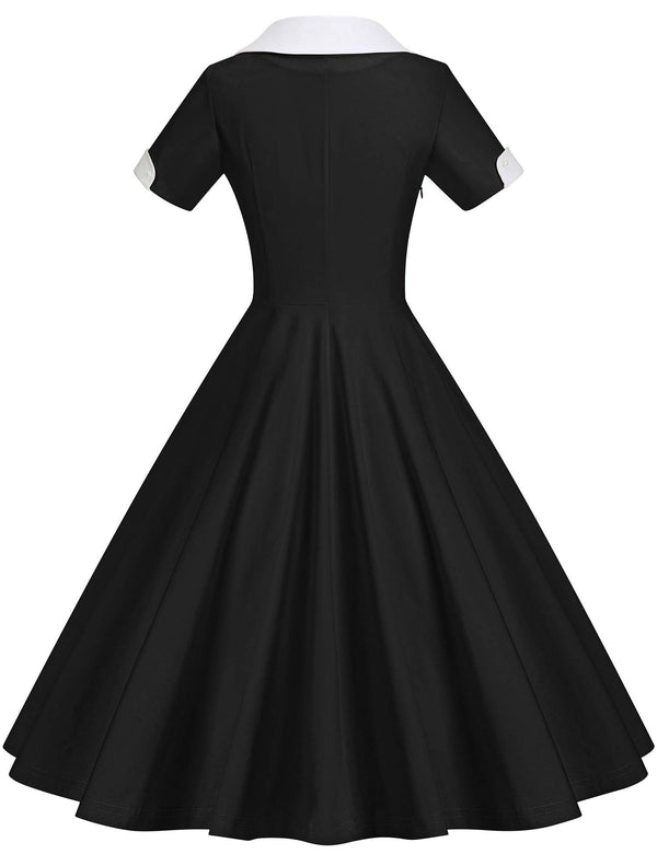 40s 50s Vintage Women`s Black Shawl Collar Vneckline Shirt Dress - Gowntownvintage
