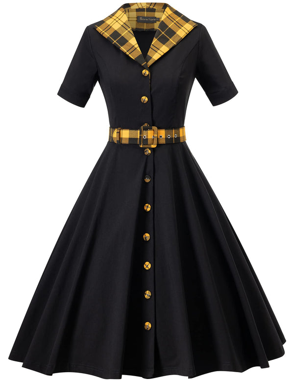 50s Lapel Collar Vneckline Yellowplaid  Collar Shirtwaist Vintage Dress With Belts&Pockets - Gowntownvintage