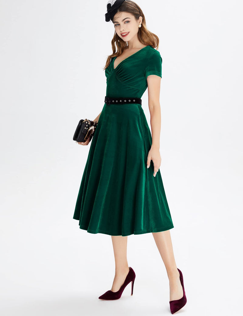 Women`s 50s Vintage Green Velvet  Swing Dress With Pockets