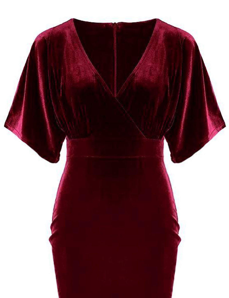 Women`s 1950s Vintage  Velvet Darkred Pencil Dress With Pockets - Gowntownvintage