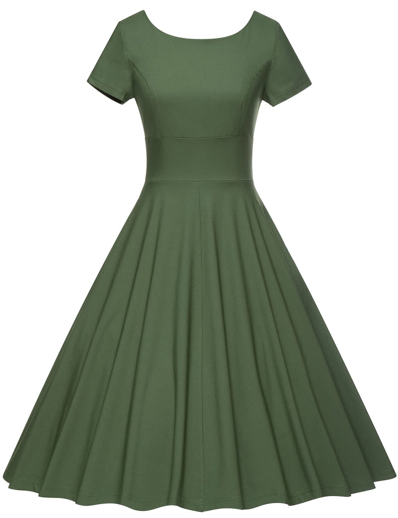 50s Women`s Scoop Collar Armygreen Audrey Hepburn Style Swing Dress With Pockets - Gowntownvintage