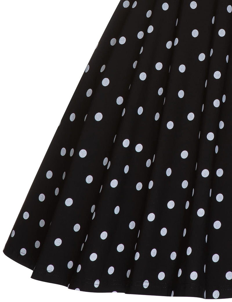 Women`s 50s Black Polka Dots  Inserted V waistline Vintage Party Dress With Pockets - Gowntownvintage
