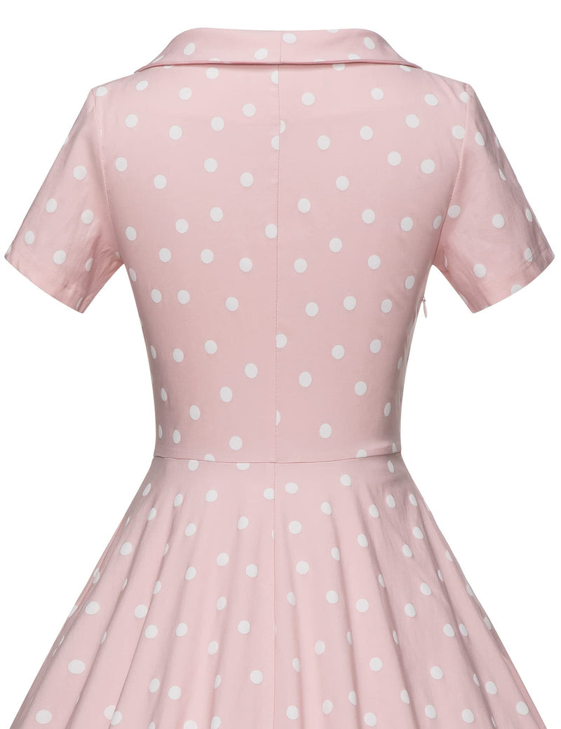 50s  Vintage Pinkdot Dress  In  Roller Collar With Fixed Bowkot Tie - Gowntownvintage