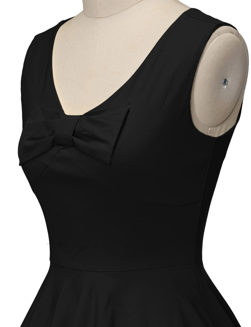 1950s Black V Neckline Dotted With Bowknot  Swing  Party Dress With Pockets - Gowntownvintage