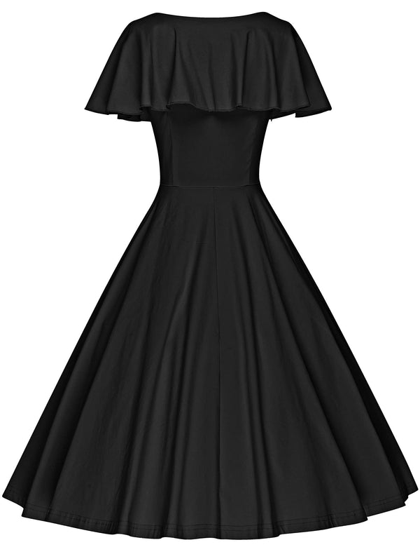 1950s  Black Retro Ruffle Collar Swing Dress With Pockets - Gowntownvintage