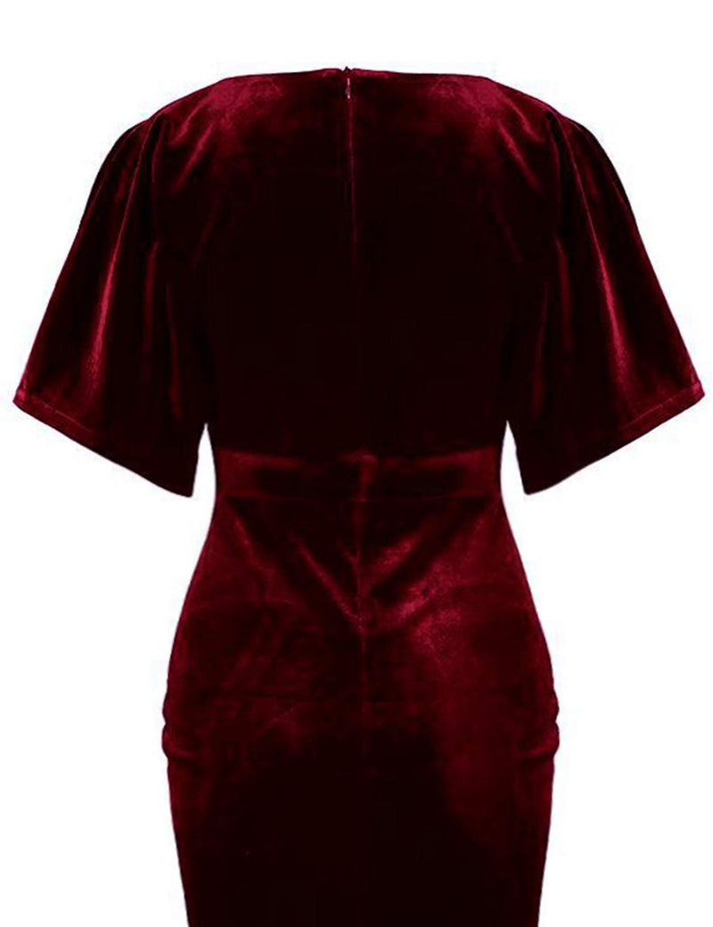 Women`s 1950s Vintage  Velvet Darkred Pencil Dress With Pockets - Gowntownvintage