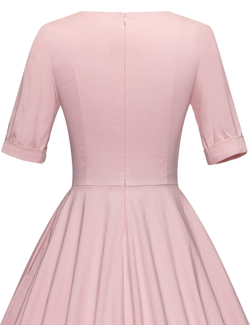 40s Women`s Scoop Collar Pink Shirtwaist Swing Dress With Pockets - Gowntownvintage